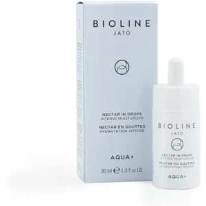 Bioline Aqua+ „Nektaro lašai“, Intensyvus drėkinamasis koncentratas, visų tipų odai, atkuria natūralią odos drėgmės pusiausvyrą, suteikia gyvybingo spindesio