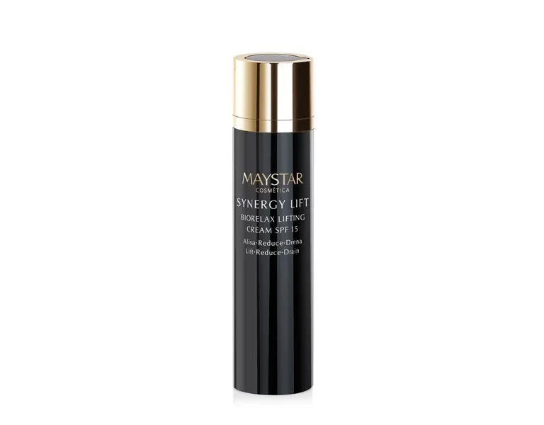 Maystar Synergy Lift Biorelaxing lifting cream, stangrinamasis kremas visų tipų odai nuo raukšlių su apsauga nuo saulės ir gyvačių nuodais, SPF 15, veido ir apyakių odai